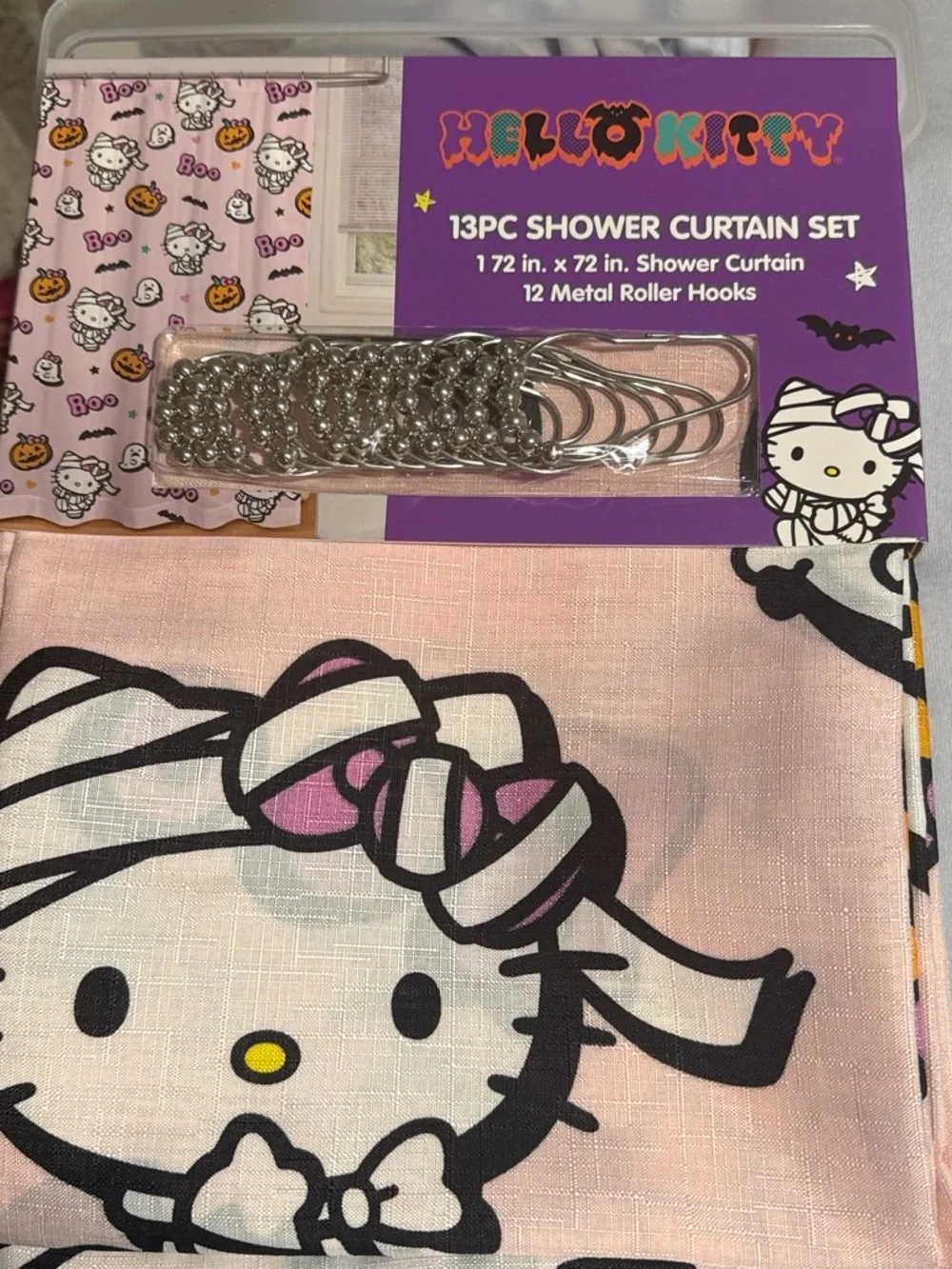 NWT Hello Kitty Hello Kitty Mummy Shower Curtain Set with Metal Roller Hooks